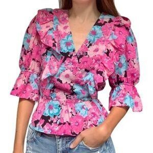 WAYF NWT Floral Pink Peplum Ruffle Front-tie Blouse SMALL